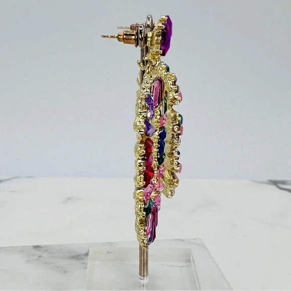 Glam Rhinestone Statement Earrings Colorful Baguette Dangle Rainbow Brig… - Picture 5 of 10